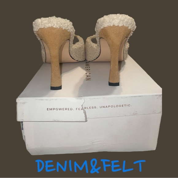 GOOD AMERICAN CREAM VEGAN SHEARLING SHERPA OPEN TOE MULE 4" HEELS NWT/NIB 🤎🤎 - Picture 9 of 14